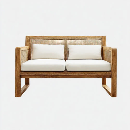 2-osobowa sofa z litego drewna dębowego i rattanu, naturalny dąb/beż/biel, 140 x 75 x 80 cm