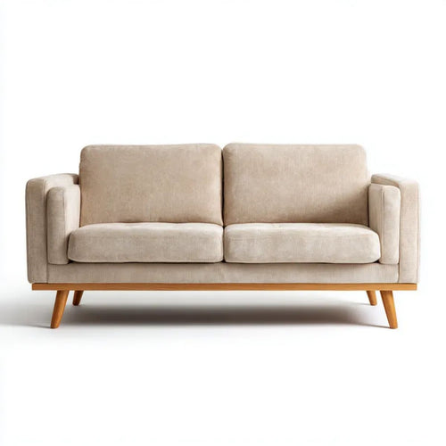 Beżowa sofa dwuosobowa z tapicerką poliestrową i drewnianymi nogami, 180 × 85 × 80 cm
