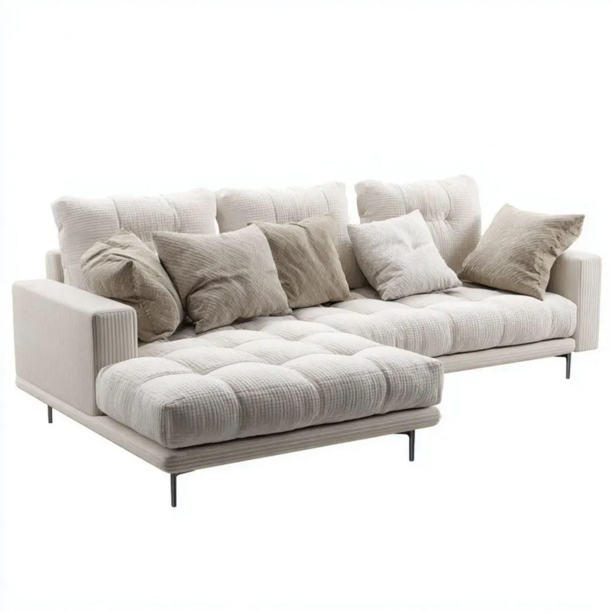 Kremowo-beżowa sofa narożna w kształcie L z lewostronnym szezlongiem, tapicerowana sztruksem, 280 x 170 x 85 cm