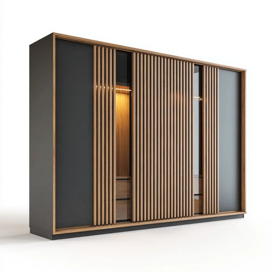 Szafa przesuwna czarna/dąb z lustrami, MDF i płyta laminowana, 250 × 60 × 220 cm