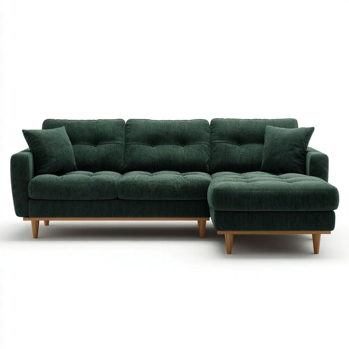Ciemnozielona sofa narożna w kształcie L z prawostronnym szezlongiem, sztruks poliestrowy, 250 × 160 × 85 cm