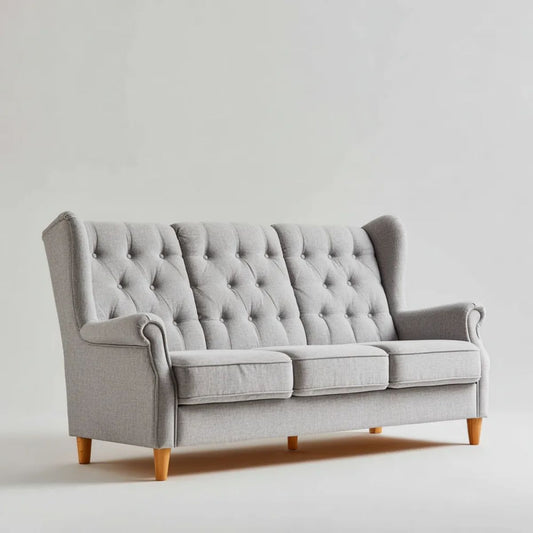 Trzyosobowa sofa z tkaniny, jasnoszara, 220 x 90 x 105 cm, z wysokim pikowanym oparciem