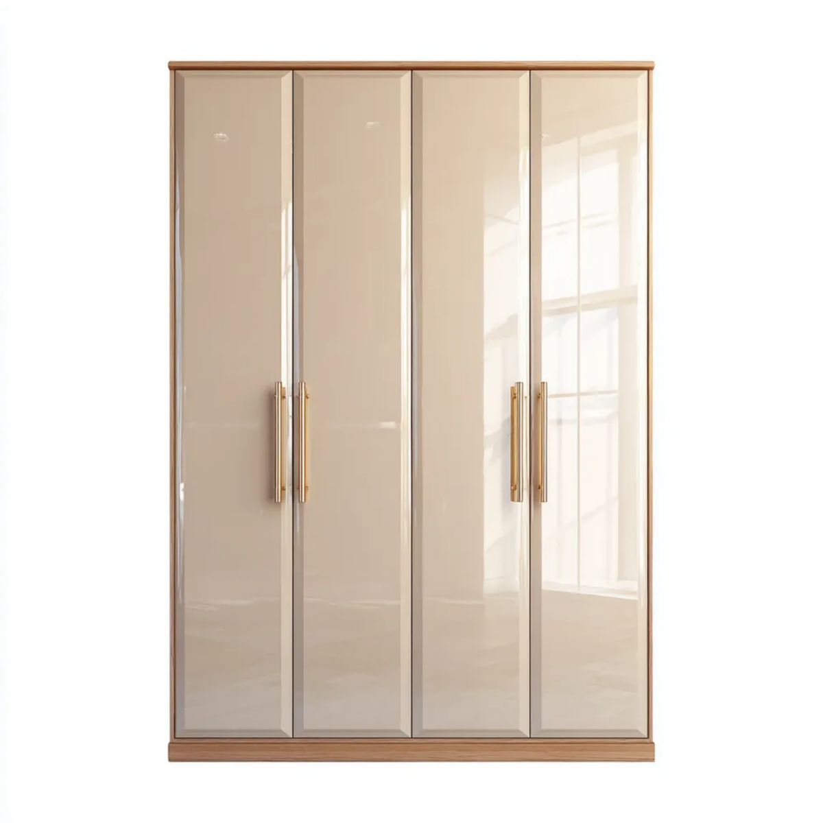Czterodrzwiowa szafa z płyty MDF beżowo-brązowa ze złotymi uchwytami 200 x 60 x 220 cm