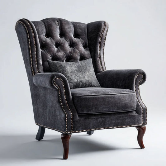 Fotel uszak Chesterfield grafitowy z aksamitu na nogach z litego drewna bukowego, 90 × 85 × 110 cm
